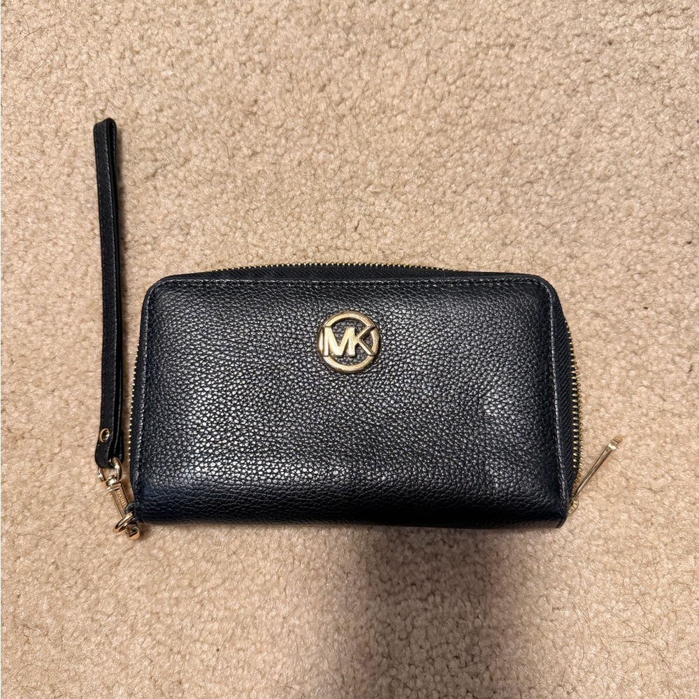 Michael Kors Black Pebble Leather Zip Wristlet with Gold MK Emblem